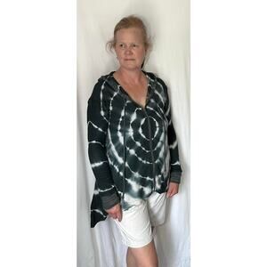 HEM & THREAD Blue Dyed Hoodie Zip Front Drawstring Top Jacket Casual Womens M